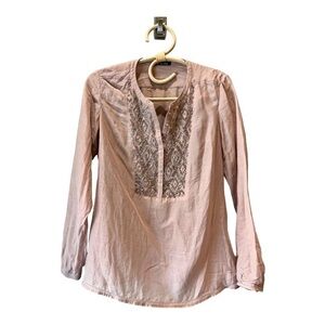 Massimo Dutti Silk Blend Taupe Beaded Split Neck Pullover Peasant Blouse XS